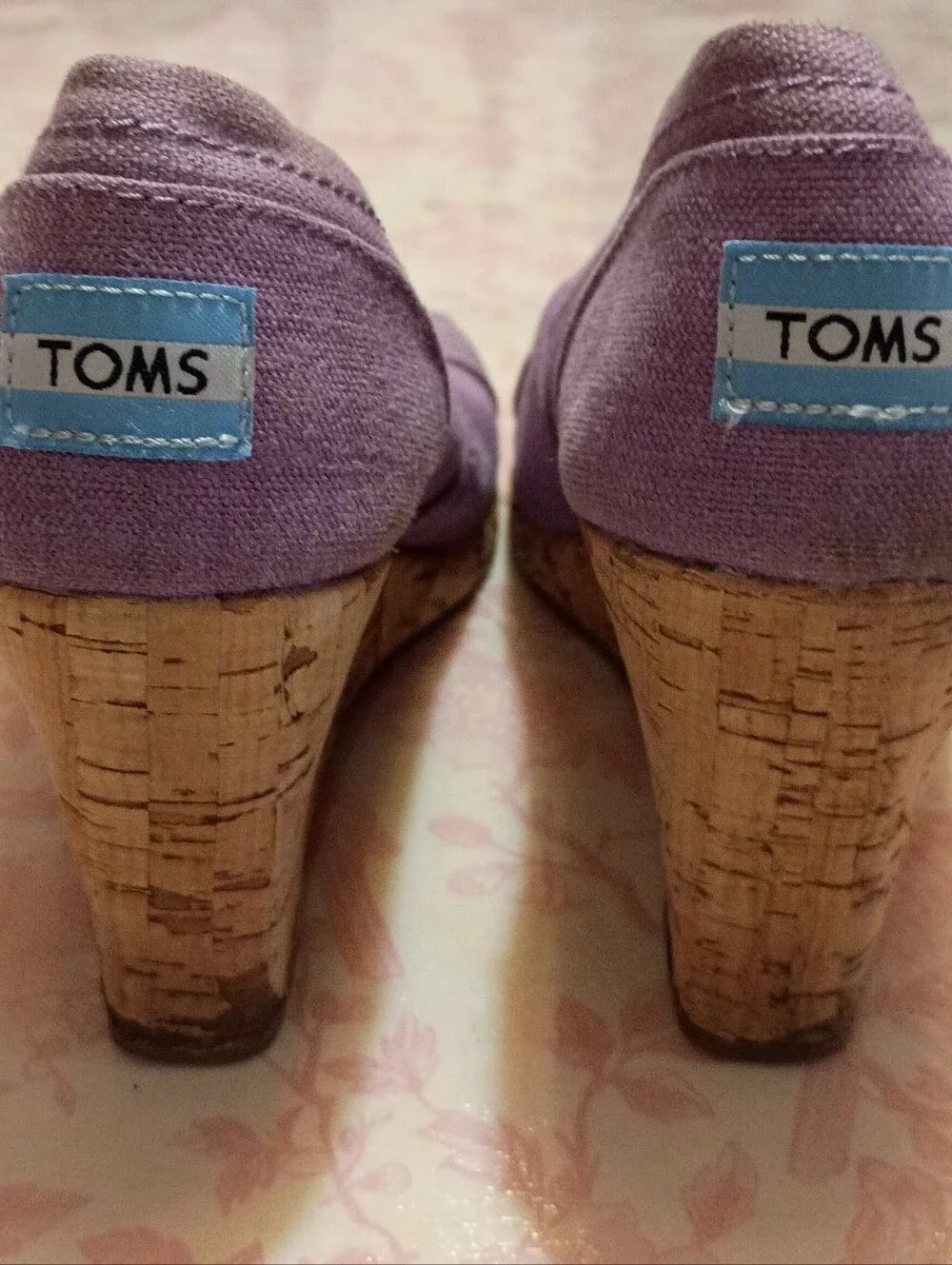 TOMS Lavender Canvas Cork Wedge Peep Toe Heels